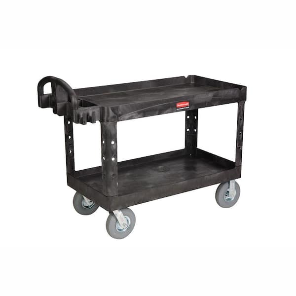 Rubbermaid Commercial Products Heavy Duty Black 2-Shelf Utility Cart with Lipped Shelf in Large with Pneumatic Casters