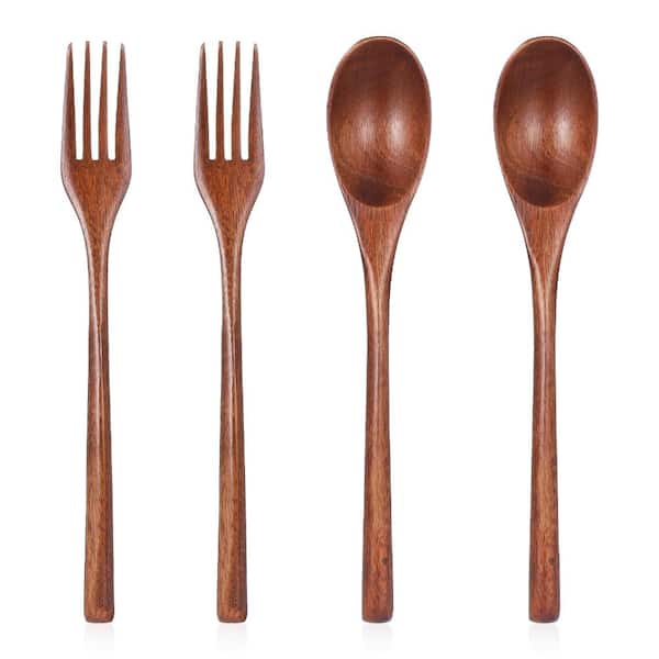 4-Piece Natural Wood Cutlery Set with 2 Spoons and 2 Forks, Reusable Nanmu Wood Flatware for Dining