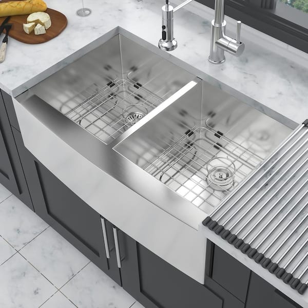 33 in. Farmhouse Double Bowl (50/50) 18-Gauge Brushed Nickel Stainless Steel Kitchen Sink with Bottom Grids