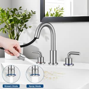 8 in. Widespread Double Handle Bathroom Faucet 3-Hole with Pull Out Sprayer and Pop-Up Drain, in Brushed Nickel