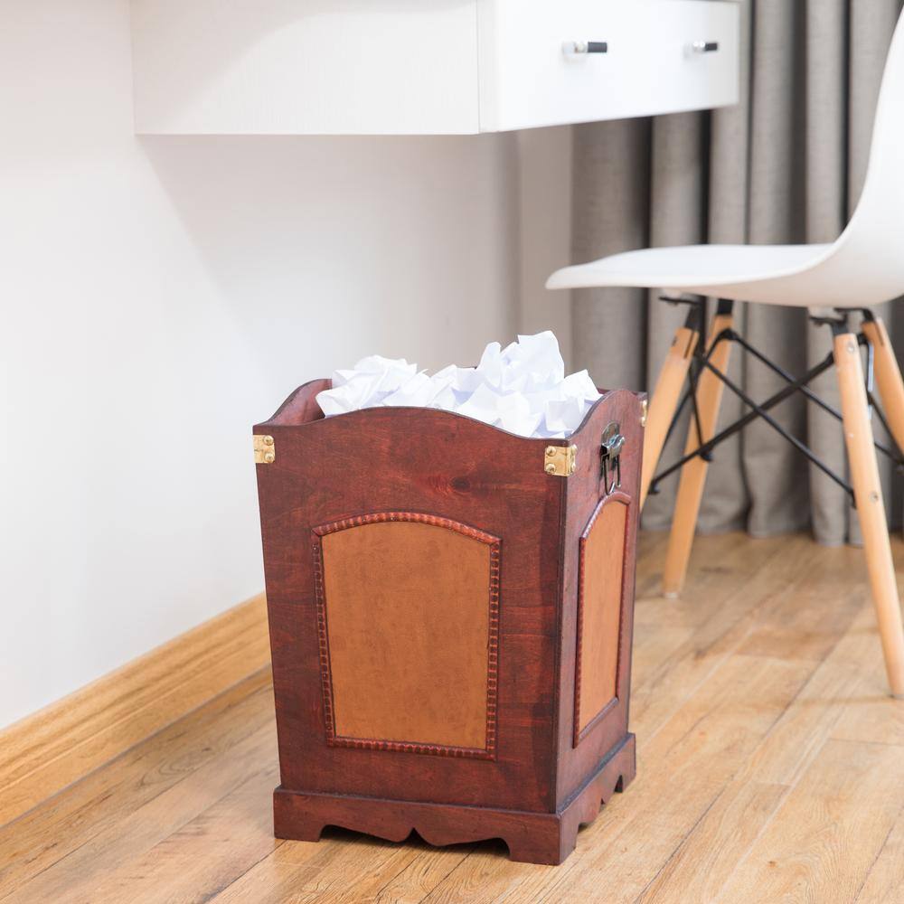 Rustic Cherry Wood and Leather Decorative Trash Bin