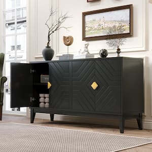 Black 60 in. Wood 4-Door Sideboard with Two Storage Cabinets, Gold Handles, Adjustable Shelf