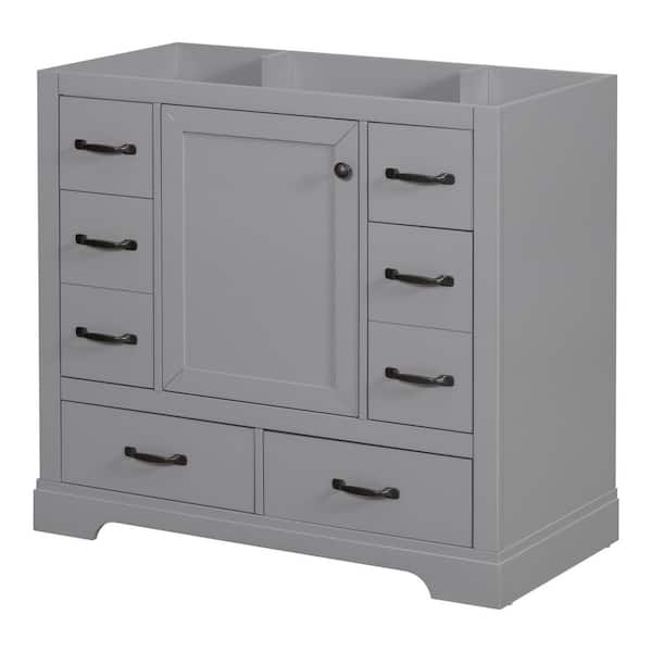 35.5 in. W x 17.9 in. D x 33 in. H Bath Vanity Cabinet without Top in Gray with Six Drawers and Adjustable Shelf