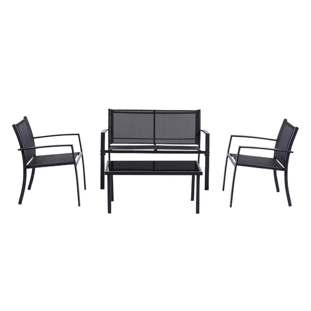 Black 4-Piece Metal Patio Conversation Sets Poolside Lawn Chairs with Tempe