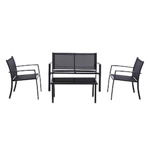 Black 4-Piece Metal Patio Conversation Sets Poolside Lawn Chairs with Tempered Glass Coffee Table