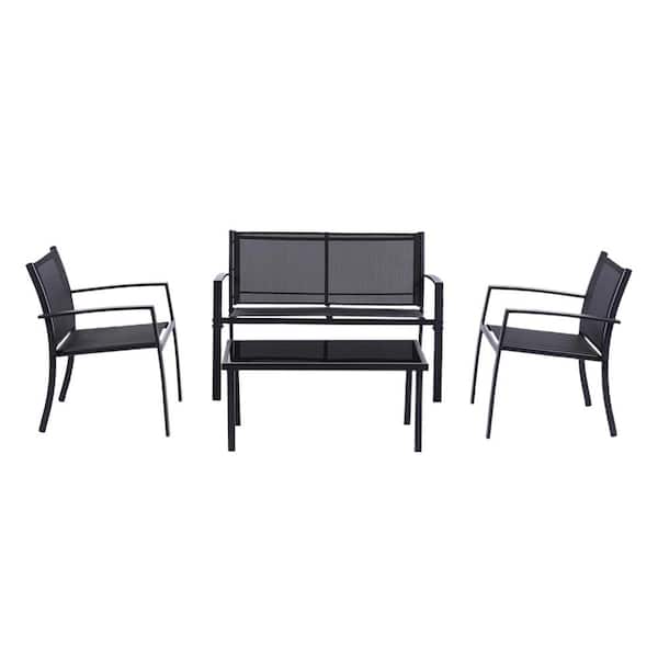 Unbranded Black 4-Piece Metal Patio Conversation Sets Poolside Lawn Chairs with Tempered Glass Coffee Table