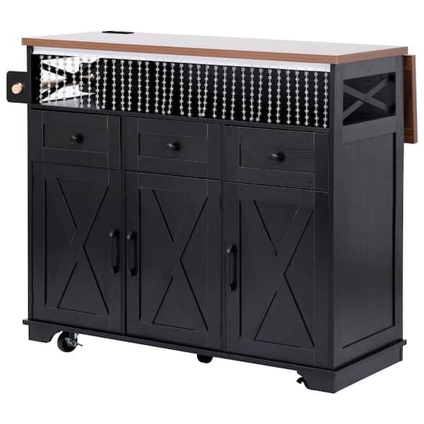 Unbranded Farmhouse 46.5 in. Black 3-Drawer Cabinet Unit with Drop Leaf, Power Outlet and Locking Wheels for Outdoor Kitchen