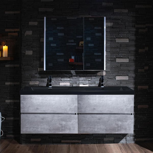 CA 59 in. W x 19.6 in. D x 22.5 in. H Double Sink Floating Bath Vanity in Gray with Black Quartz Top