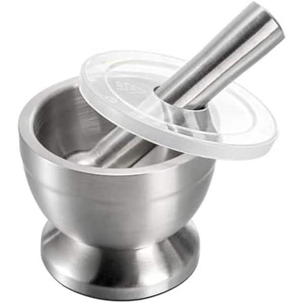 Stainless Steel Mortar and Pestle Set Brushed Finish Herb Spice Grinder Pill Crusher with Non-Skid Base Lid