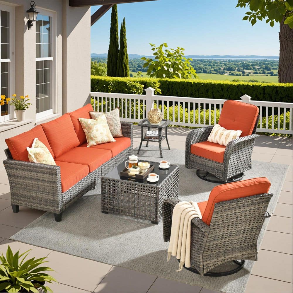 Audrey Gray 5-Piece Wicker Outdoor Patio Modern Conversation Sofa Seating Set with Rocking Chair and Orange Red Cushion price history on PriceWatchPro