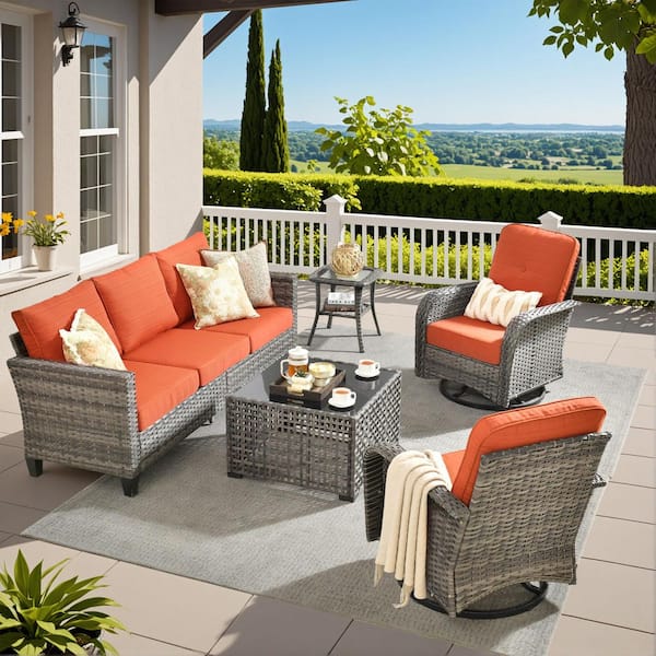 Caodoc Audrey Gray 5-Piece Wicker Outdoor Patio Modern Conversation Sofa Seating Set with Rocking Chair and Orange Red Cushion