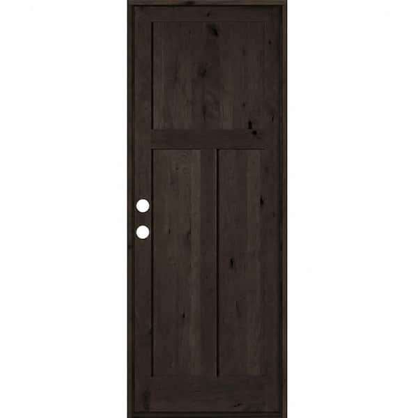 36 in. x 96 in. Rustic Knotty Alder 3-Panel Right-Hand/Inswing BEHR True Black Stain Wood Prehung Front Door