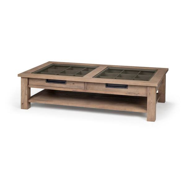 Mercana Harrelson I 58 in. Natural Brown Large Rectangle Glass Coffee Table with Drawers