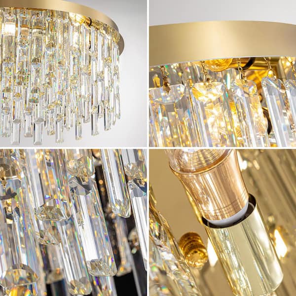 SILJOY 7-Light Gold Crystal Round Flush Mount Chandelier with