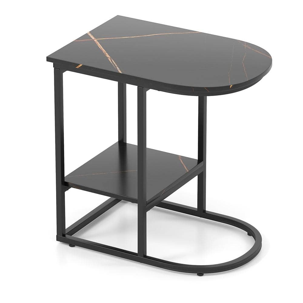 C-Shaped Modern Outdoor Sofa Side Table Black Faux Marble Tabletop and Storage Shelf Patio Garden Furniture Set price history on PriceWatchPro