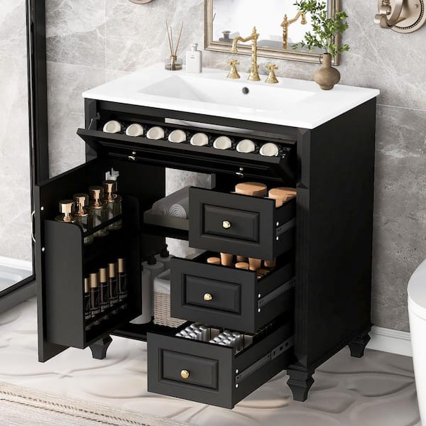 30 in. Single Sink Freestanding Black Bath Vanity with White Ceramic Top - Flip-Out Drawer, Soft-Close