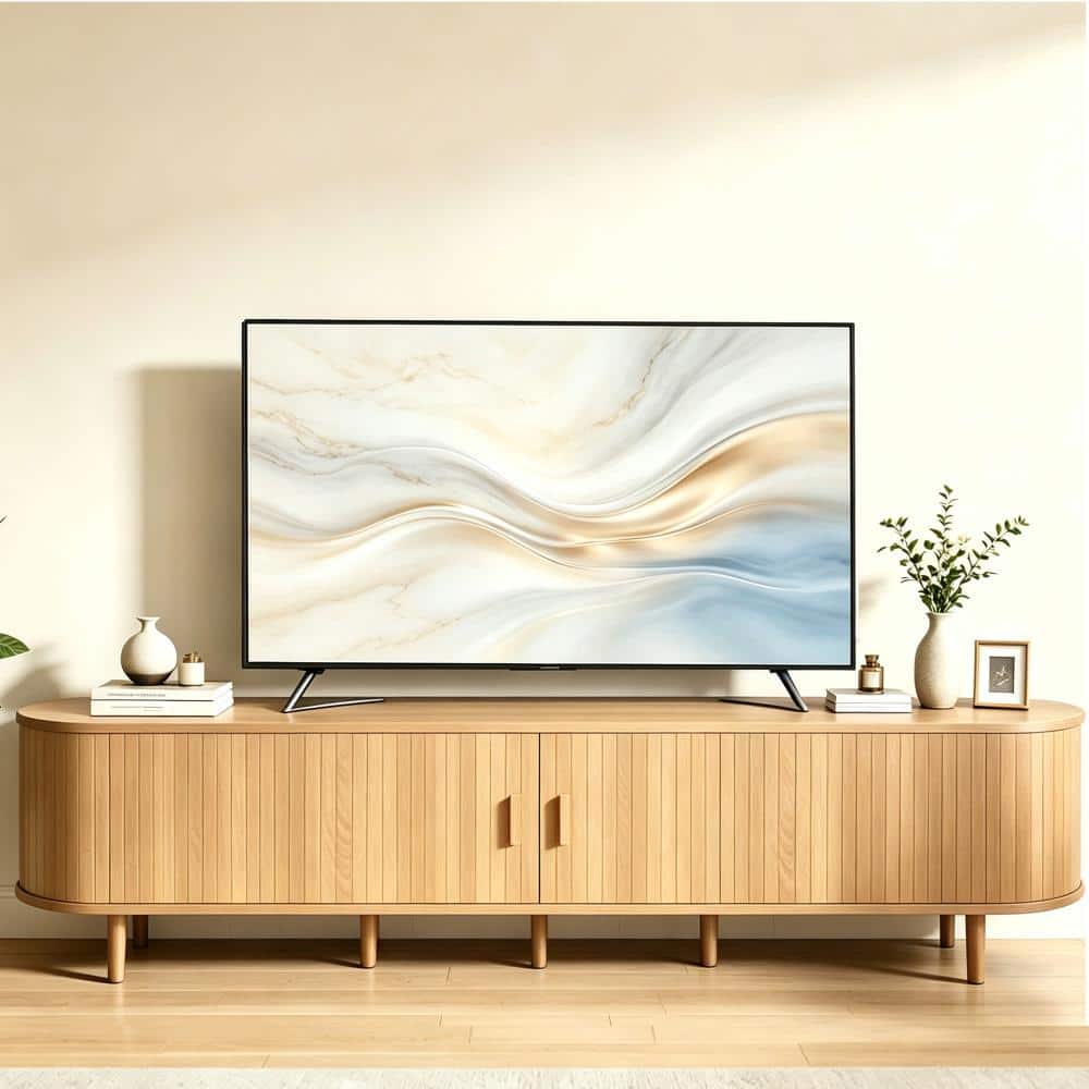 80" TV Stand,Wood TV Consoles with Sliding Doors ,Power Outlet and Adjustable Shelves,Oak