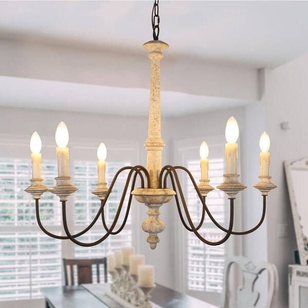 6 Light Shabby Chic Distressed White, Distressed White Candle Chandelier