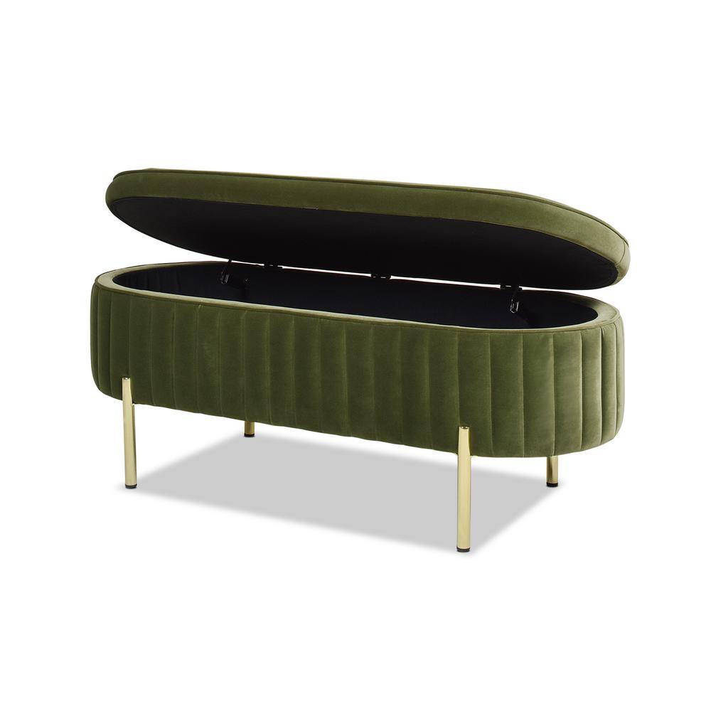 Olive Green Velvet Storage Bench with Gold Legs