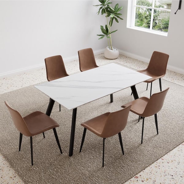 7-Piece White Slate Stone Table with 6 Dining Chairs Depot Home Rectangular and Table - ST000075LWYAAP The Dining Set Brown