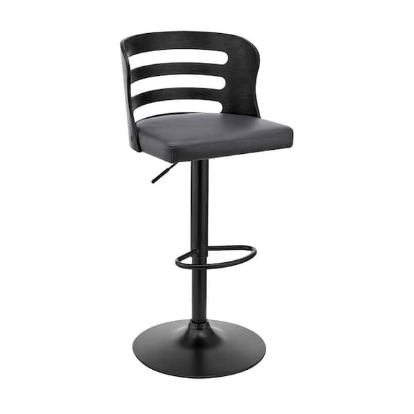 Armen Living Khalia 44 in. Product Height Adjustable Swivel Grey Faux Leather and Black Wood Frame Low Back Bar Stool with Black Base