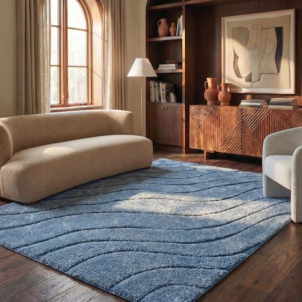 Florida Shag 10 ft. x 13 ft. Light Blue/Blue Striped Solid Color Area Rug