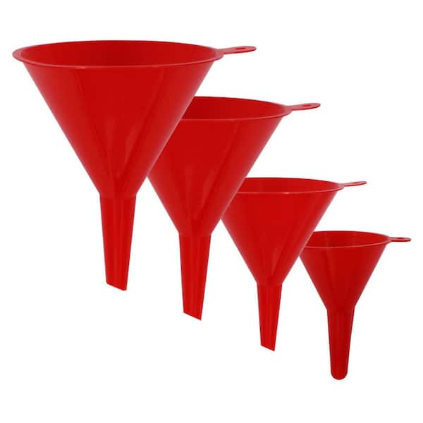 4-Piece Red Plastic Funnel Set with Nested Storage for Kitchen, Canning and Automotive Use