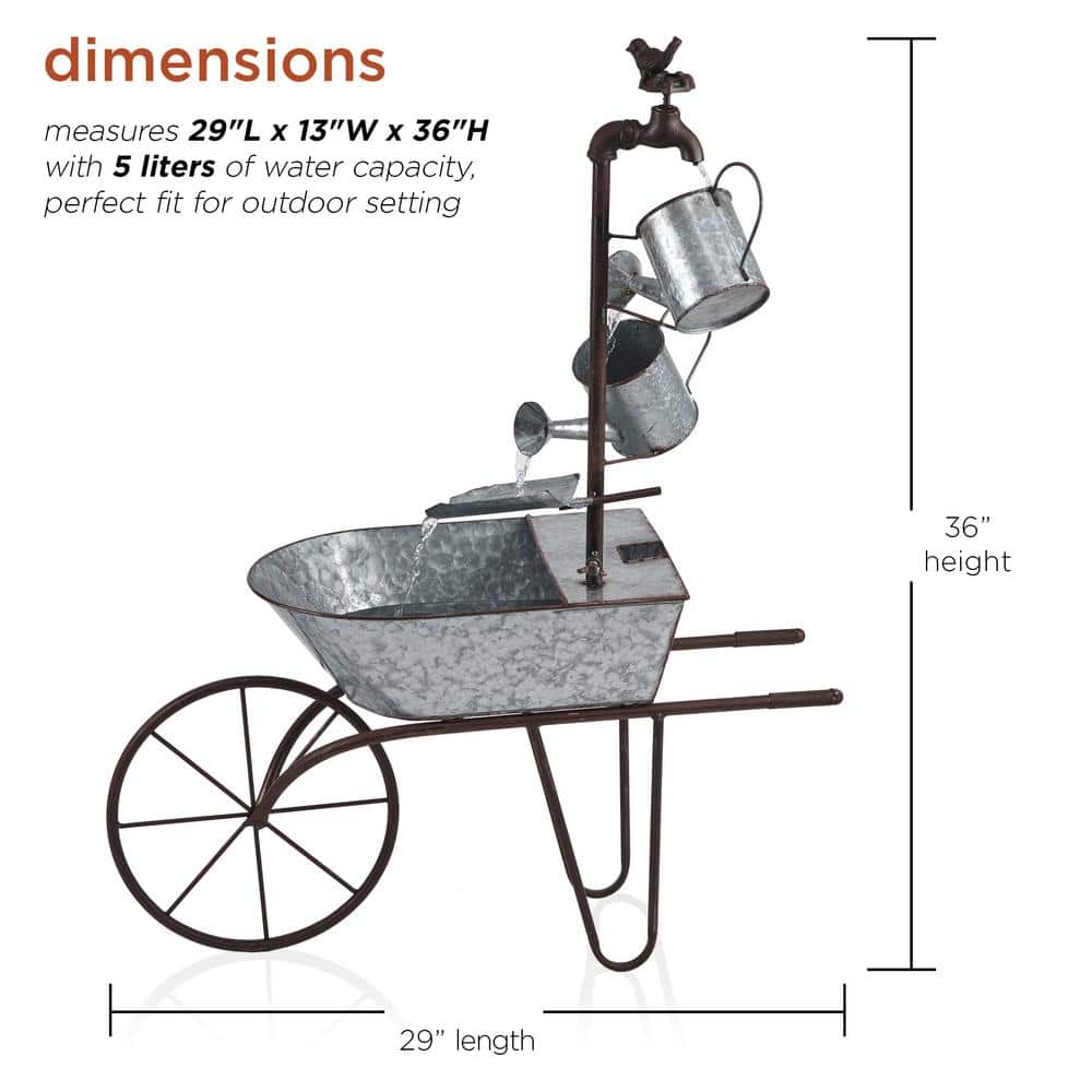36" Silver Metal Wheelbarrow and Watering Can Fountain