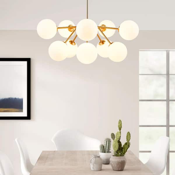10-Light Vintage Gold Linear Sputnik Chandelier with Round Opaline Shades