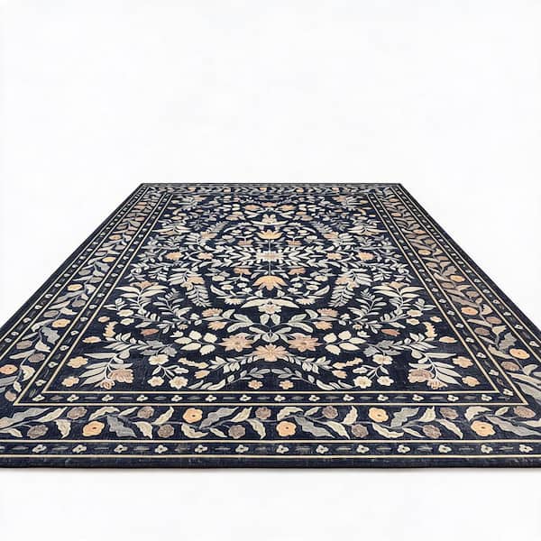 Black 9 ft. X 12 ft. Floral Washable Low Pile Soft Non-Slip Indoor Carpet, Living Room, Bedroom, Dining Room  Area Rug
