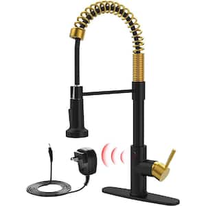Single Handle Touchless Pull Down Sprayer Kitchen Faucet with Deckplate in Black and Gold