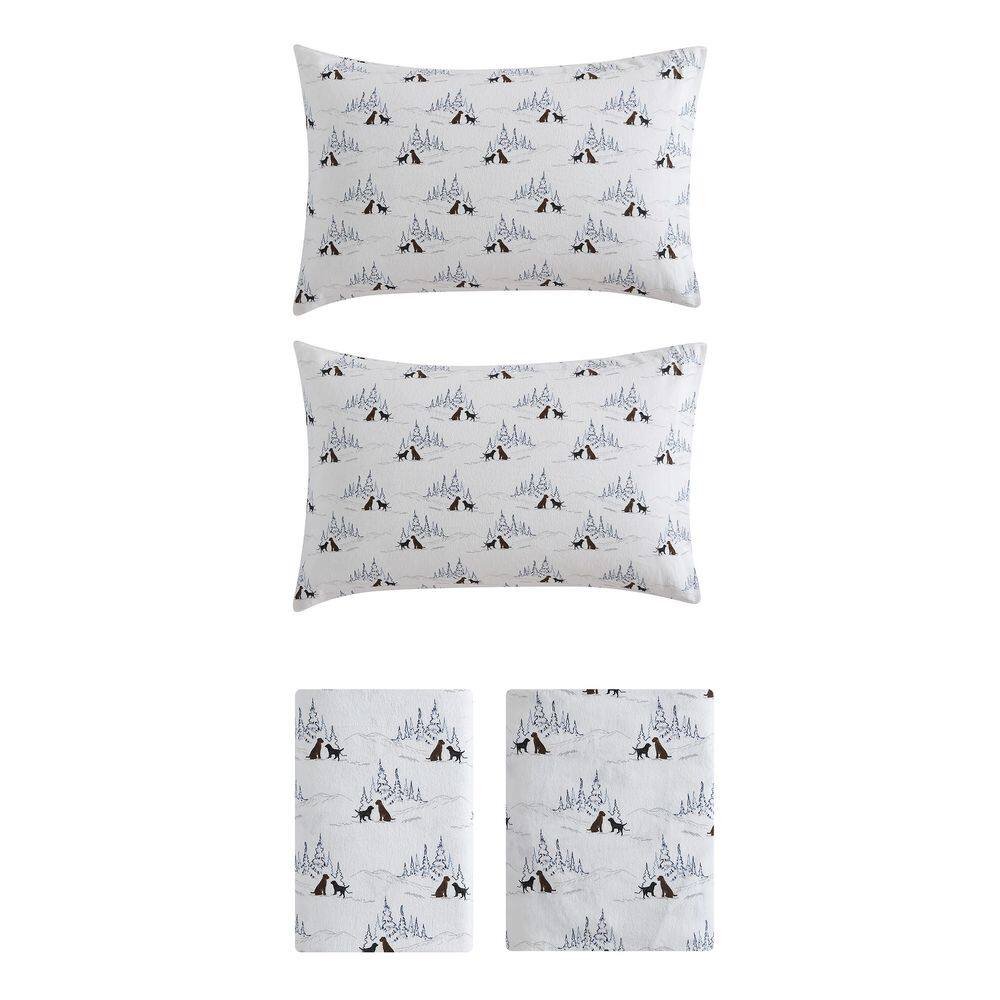 Twin White Cotton Flannel Sheet Set with Dog Print
