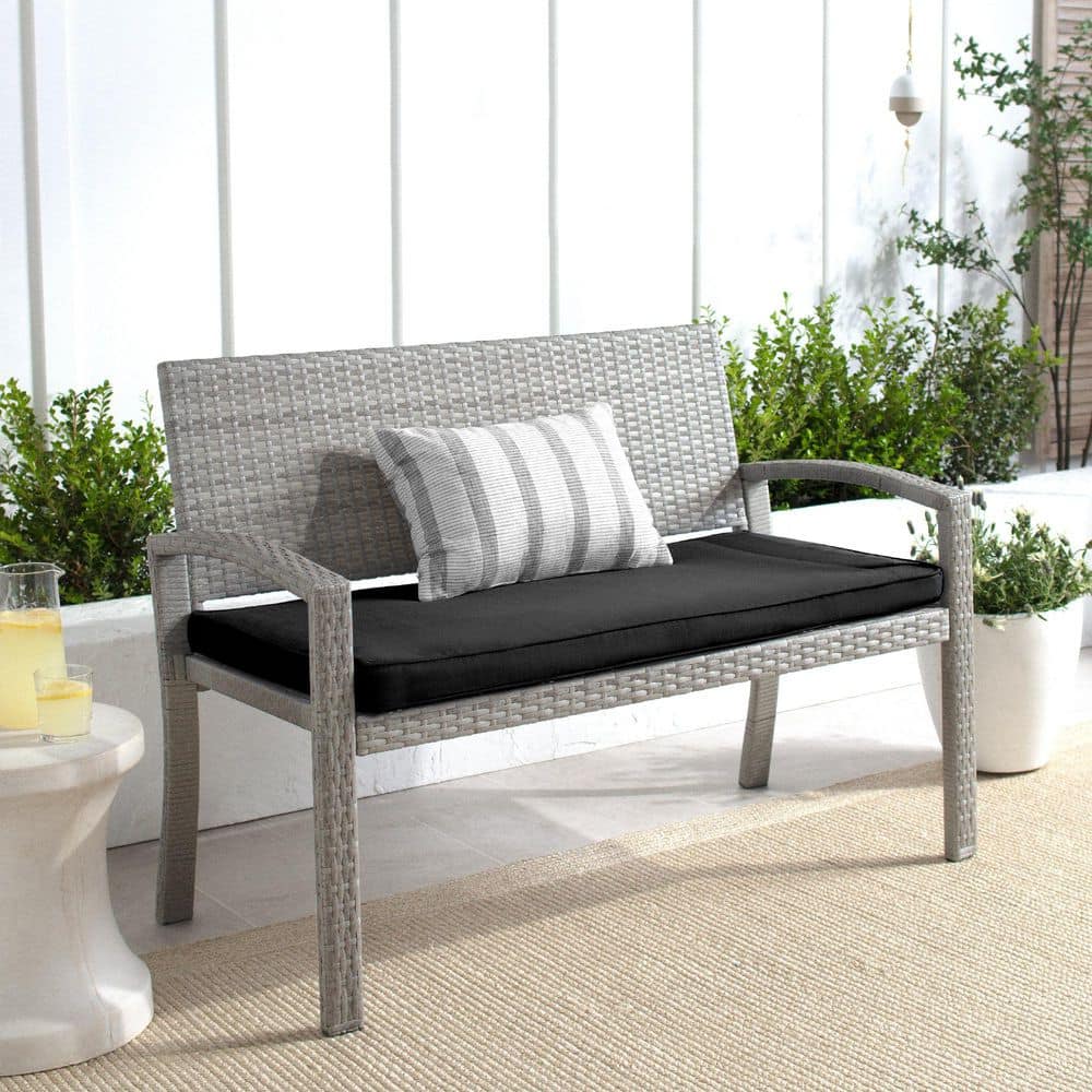 Gray and Black Wicker 2-Person Outdoor Bench with Cushion