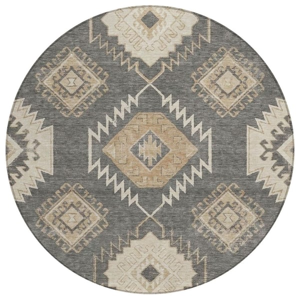 Chantille Machine Washable Indoor/Outdoor Abstract ACN3011 Graphite 8 ft. x 8 ft. Round Rug