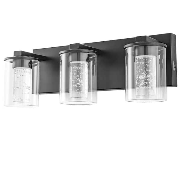 YANSUN 17 in. 3-Light Integrated LED Bathroom Black Vanity Light with Crystal Accents, Dimmable and Adjustable Lighting