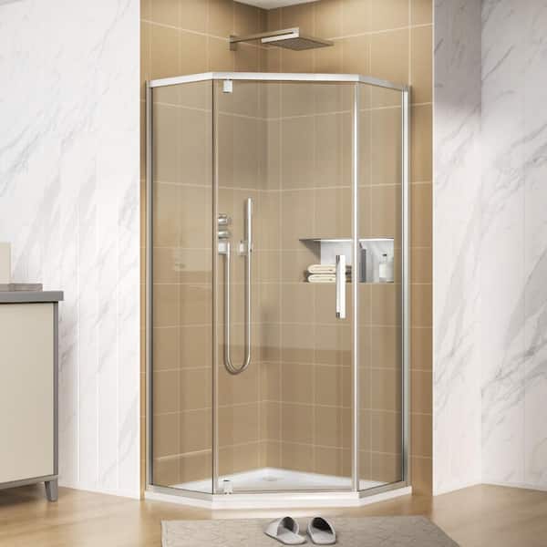 Shower Door 34-1/8 in. x 72 in. Semi-Frameless Neo-Angle Bifold Door Shower Enclosure in Brushed Nickel with Clear Glass