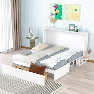 White Wooden Frame Queen Size Murphy Bed with Drawer and 2-Shelves