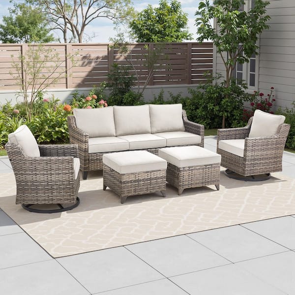 GlideRail Gray Swivel Glider Wicker Patio Conversation Set with Beige Olefin 4 In. Thick Cushions/Couch (5-Piece)