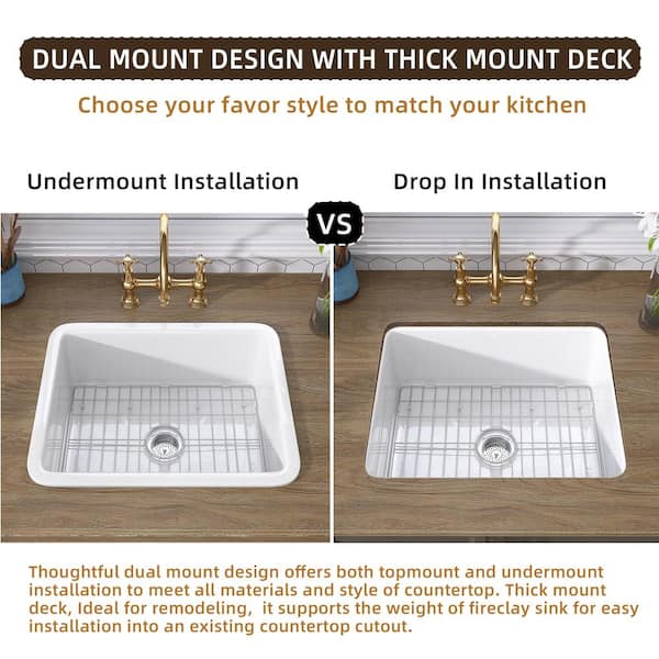Zeafive Ale 24 in. White Kitchen Sink Fireclay Drop-in