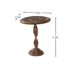 18 in. Brown Handmade Intricately Carved Floral Large Round Wood End Table with Spiral Leg and Elevated Base