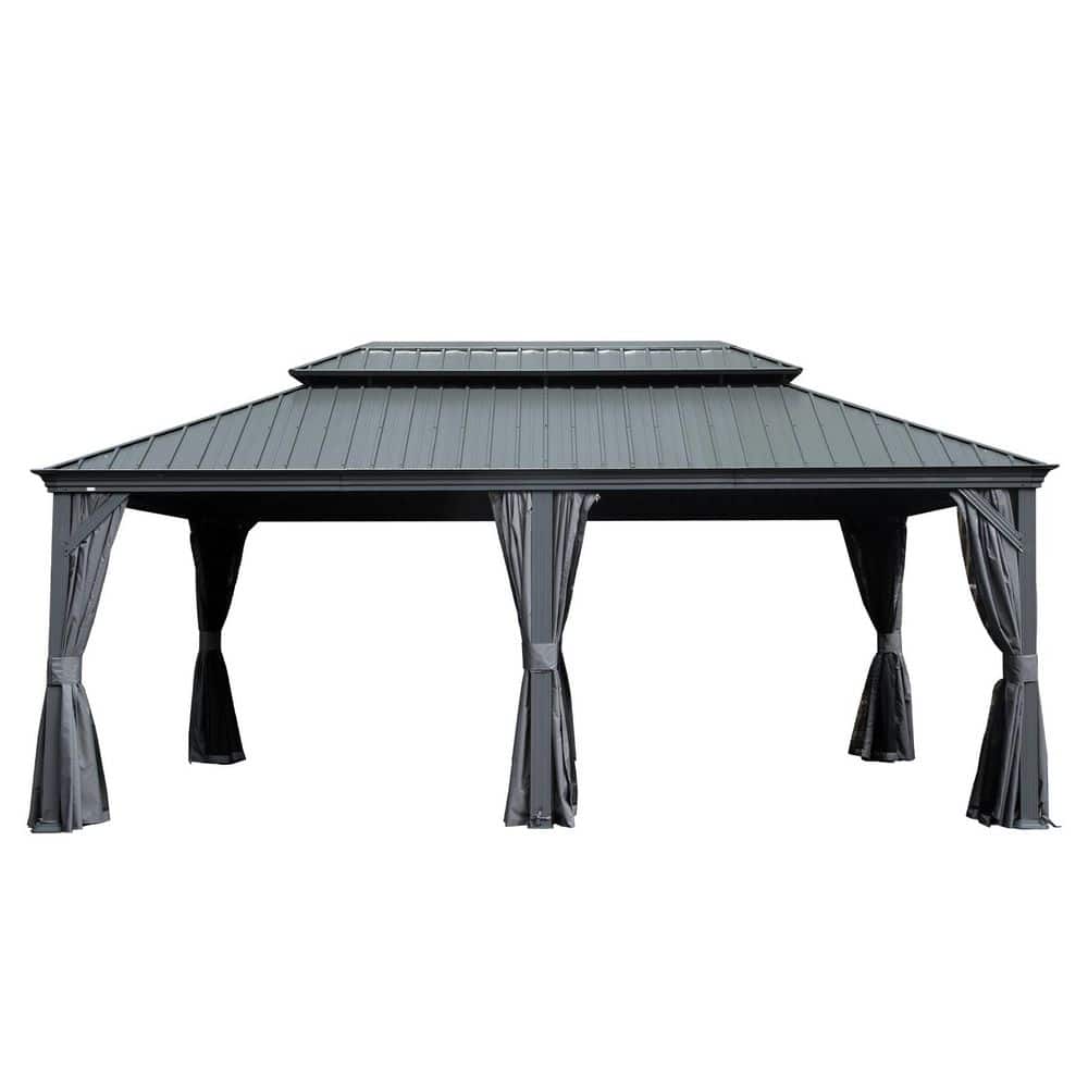 12 ft. x 20 ft. Gray Metal Galvanized Steel Roof Hardtop Gazebo with Curtains and Netting price history on PriceWatchPro