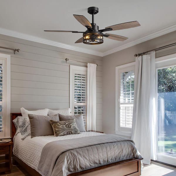 52 in. Indoor Black Layered Caged Downrod Ceiling Fan with Light Kit, Five Reversible Blades and Remote Included