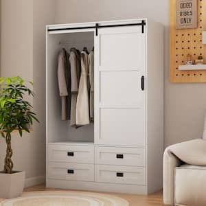 78.86 in. H White Bedroom Wood Storage Cabinet with Hanging Rod Barn Door, Drawers
