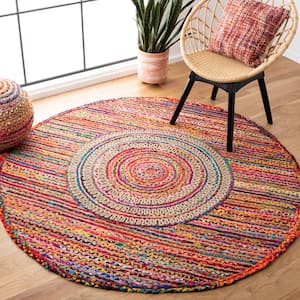 Braided Pink Red 4 ft. x 4 ft. Border Chevron Round Area Rug