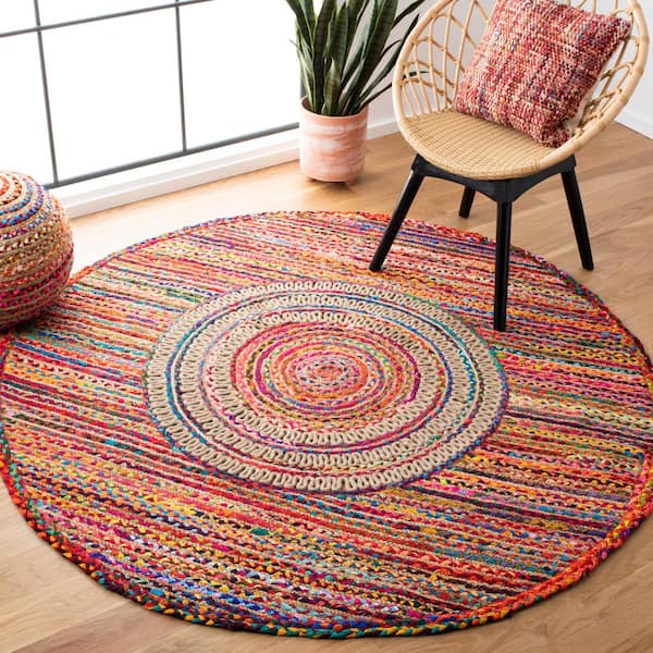 Braided Pink Red 5 ft. x 7 ft. Border Chevron Oval Area Rug