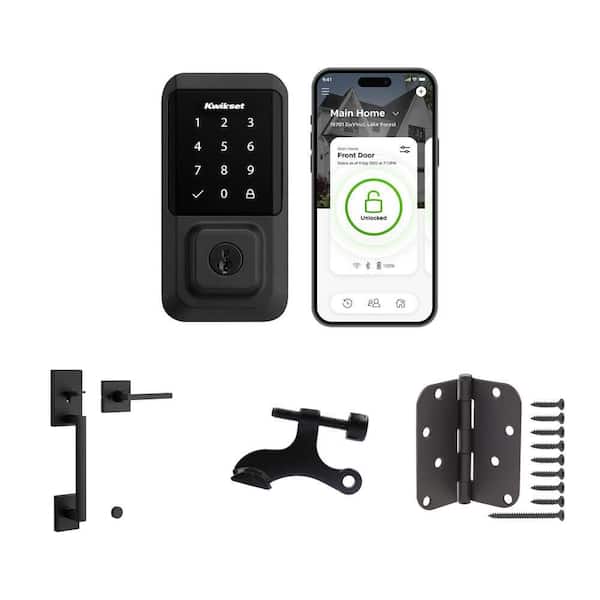 HALO Touchscreen Smart Lock Deadbolt, San Clemente Handleset, Hinge Pin Stop and 4 in. Hinge Combo