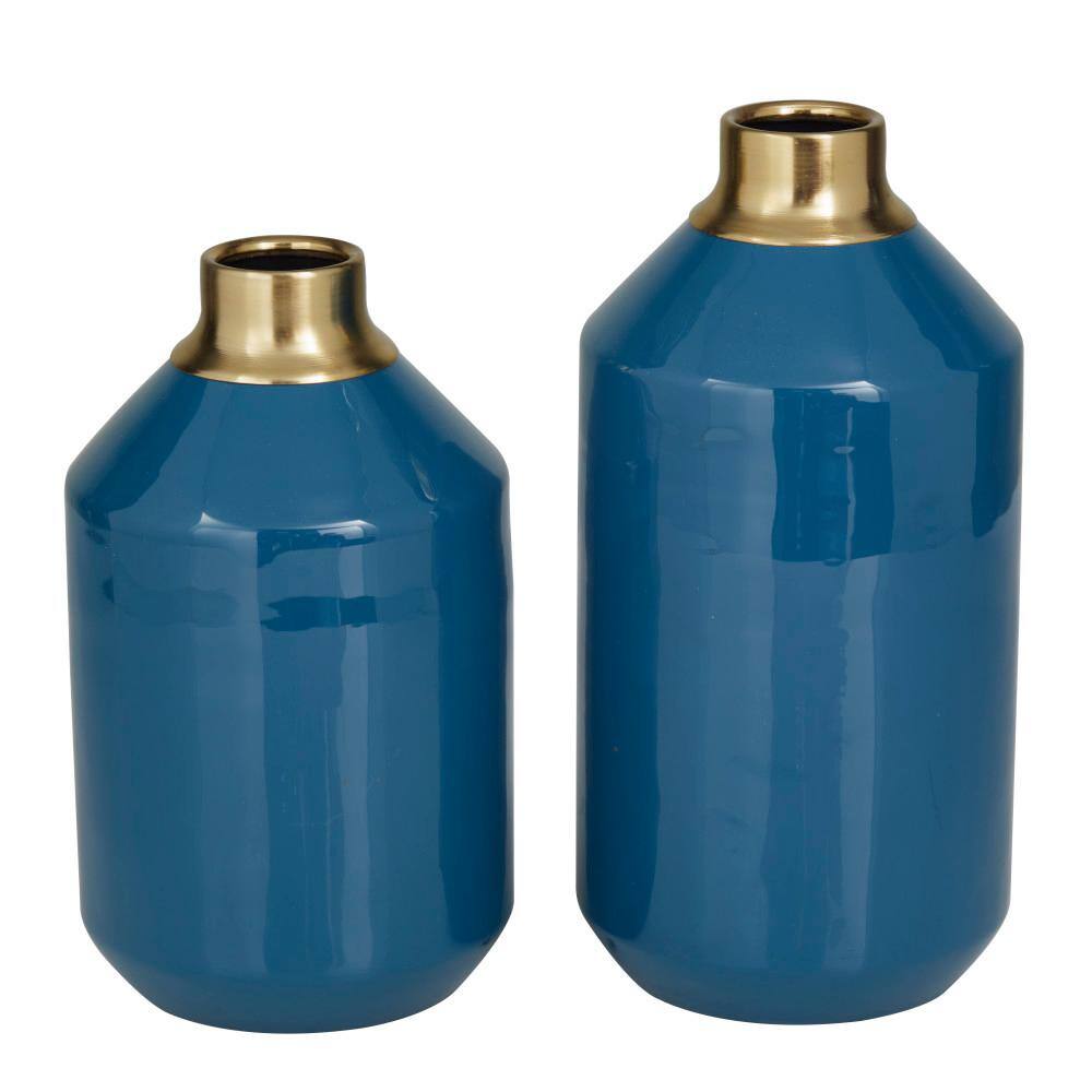 Blue and Gold Metal Vase Set with Round Design