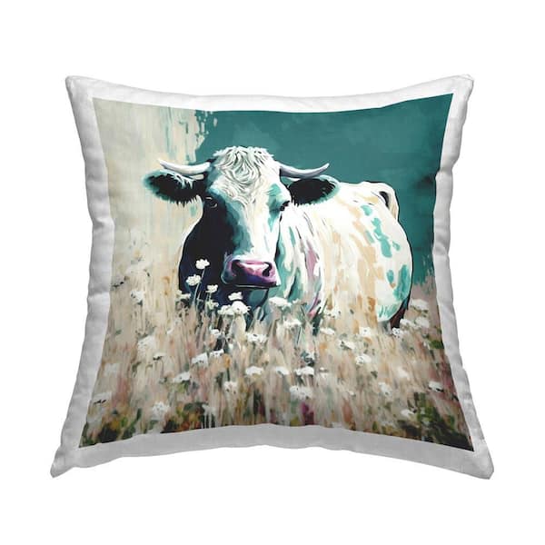 Stupell Industries Modern Cow in Meadow Blue Print Polyester 18 in. x 18 in. Throw Pillow