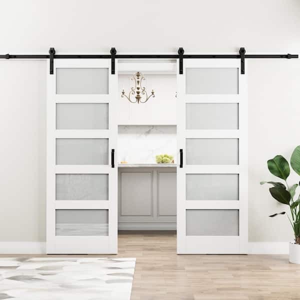 ARK DESIGN 60 in. x 96 in. 5 Lite Tempered Frosted Glass White Primed MDF Sliding Barn Door with Hardware Kit