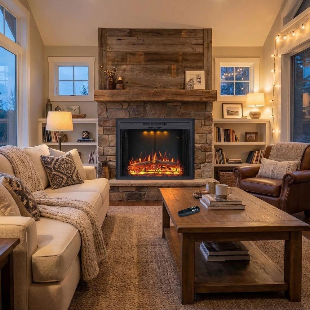 Modern 30 in. Electric Fireplace Insert, Dual Glass Doors with Curtains, 3-Color Top Lights, 5-Flame Levels price history on PriceWatchPro